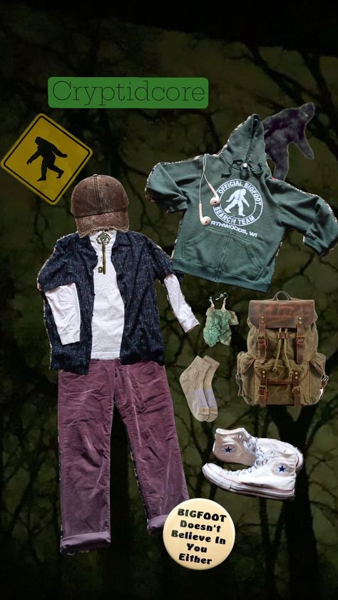 cryptidcore outfit || #cryptid #cryptidcore #outfit #cryptidcoreoutfit #bigfoot #sasquatch #cryptozoology Cute Cryptids, Cryptidcore Outfit, Weirdcore Outfits, Cryptidcore Aesthetic, Masc Fits, Bigfoot Sasquatch, Polyvore Outfits, Stuff I Want, Me Core