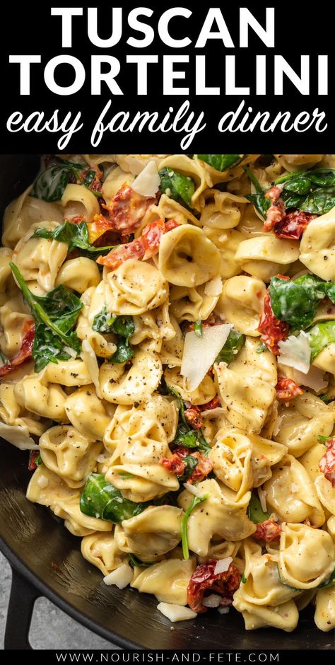 This creamy Tuscan tortellini is flavorful, quick, and super simple! One pan and 20 minutes transform store-bought tortellini into a gourmet meal with sun-dried tomatoes, spinach, garlic, and cream. Tuscan Tortellini Skillet Bake, Mediterranean Diet Tortellini, Tortellini And Ricotta Recipes, Simple Gourmet Recipes, Chicken Tortellini Recipes Healthy, Healthy Gourmet Meals, Easy Gourmet Meals, Vegetarian Tortellini Recipes, Summer Tortellini Recipes