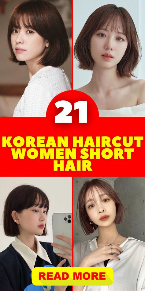 Unveil the Beauty of Korean Haircut Trends for Women with Short Hair: Explore Bob Cuts, Chubby Face Styles, and Bangs for a Chic Transformation. Discover the Versatility of Perm and Wolf Cut Styles. Elevate Your Look with Pixie and Layered Hairstyles for a Fresh and Modern Aesthetic. Korean Bangstyle Hair Short, Korean Haircut Short Round Faces, Short Hair Korean Style Round Face, Korean Short Bob, Korean Haircut For Chubby Face, Short Asian Haircut For Women, Pixie Haircut Korean, Korean Short Hair For Chubby Face, Best Haircut For Chubby Face