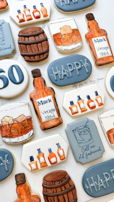 Whiskey tasting, retirement, and a 60th birthday. What more could a man want.  This masculine blue and brown cookie set featured whiskey barrels, and old fashioned, and glasses of whiskey. Custom Royal Icing Sugar Cookies by the Flour Shoppe Cookie Co located in Omaha, Nebraska. 60th Cookies Birthday For Men, 60th Birthday Royal Icing Cookies, 60th Birthday Cookies For Men, Birthday Cookies For Men, Men’s 60th Birthday Party Ideas, Crown Royal Cookies, Pharmacy Cookies, 60th Birthday Cookies, Whiskey Cookies