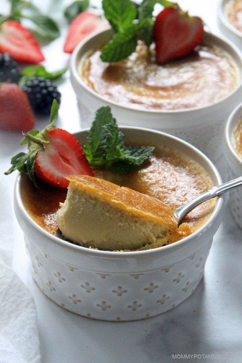 ramekins of bone marrow custard topped with sliced strawberries and mint leaves. Bone Marrow Custard, Bone Marrow Recipe, Marrow Recipe, Toddler Smoothies, Grain Free Bread, Bone Marrow, Condiment Recipes, Custard Recipes, Healthy Sweets Recipes