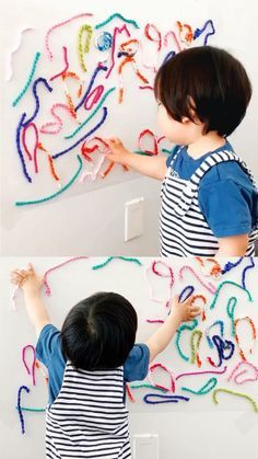 This Sticky Wall Yarn Sensory Activity is great for babies and toddler to practice fine motor skills #hellowonderful Sticky Wall, Easy Toddler Activities, Baby Sensory Play, Sensory Activities Toddlers, Baby Play Activities, Sensory Activity, Toddler Sensory, Baby Learning Activities, Motor Skills Activities