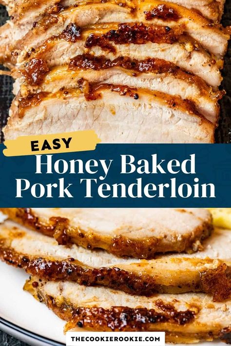 Honey Baked Pork Tenderloin is a delicious option for any dinner or holiday feast. It's flavorful, tender, and easy to make. The honey glaze bakes right into the pork, and then we caramelize it at the end to create a nice crispy coating. This beautiful honey mustard pork recipe is sure to impress everyone who tries it! Baked Pork Loin, Recipe Using Honey, Mustard Pork Tenderloin, Baked Pork Tenderloin, Comfort Meals, Slow Cooker Pork Tenderloin, Honey Pork, Honey Baked, Pork Fillet