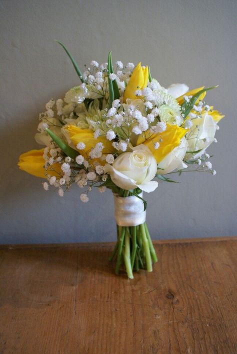 Spring flowers, yellow tulips, white roses, gypsophila and chrysanthemum bouquet by frances&rose: Yellow Wedding Bouquet Rustic, Yellow Tulips Bouquet, Yellow Wedding Flowers Bouquet, Tulip Bouquet Wedding, Yellow Flowers Bouquet, Bouquet Tulips, White Tulip Bouquet, Prom Flowers Bouquet, Yellow Bridal Bouquets