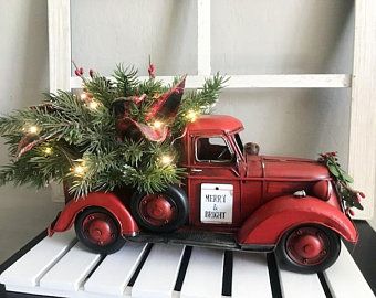 Red Truck Christmas Arrangement Farmhouse Christmas | Etsy Red Truck Decor, Truck Decor, Christmas Wreaths With Lights, Red Truck Christmas, Christmas Red Truck, Rustic Table Decor, Rustic Holiday Decor, Summer Door Wreaths, Beautiful Christmas Decorations