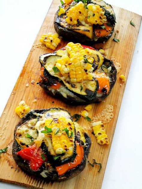 Cedar Planked Grilled Portobellos Stuffed with Summer Veggies Vegan Bbq Recipes, Vegan Bbq, Summer Veggies, Veggie Dishes, Spaghetti Squash, Bbq Recipes, Portobello, Stay Healthy, Vegetable Dishes