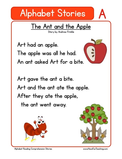 How to teach the Letter A This Alphabet Stories Letter A Reading Comprehension Worksheet will help your students build their reading comprehension skill and knowledge of the letter A. Your… Alphabet Stories, Phonics Reading Passages, Reading Comprehension Kindergarten, English Stories For Kids, Kindergarten Reading Worksheets, Kindergarten Worksheets Free Printables, Preschool Reading, Have Fun Teaching, Free Kindergarten Worksheets