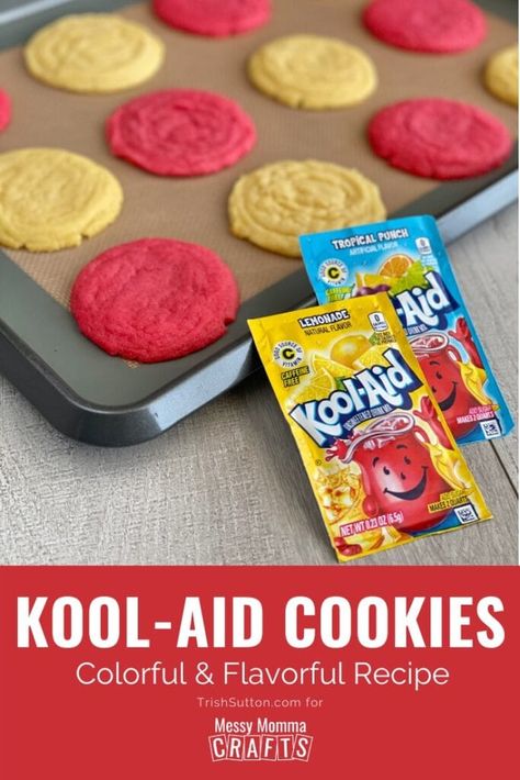 Kool-Aid cookies are a fun and colorful sugar cookie recipe that's a summer treat for kids. Grab your kids' favorite Kool-Aid mix flavors to make this easy drop cookie recipe from scratch. Get the recipe at Messy Momma Crafts. #MessyMommaCrafts Cookie Recipe From Scratch, Creative Cookie Recipes, Kool Aid Flavors, Kids Food Crafts, Brownie Mix Cookies, Drop Cookie, Kid Friendly Dessert, Drop Cookie Recipes, Cookie Recipes From Scratch