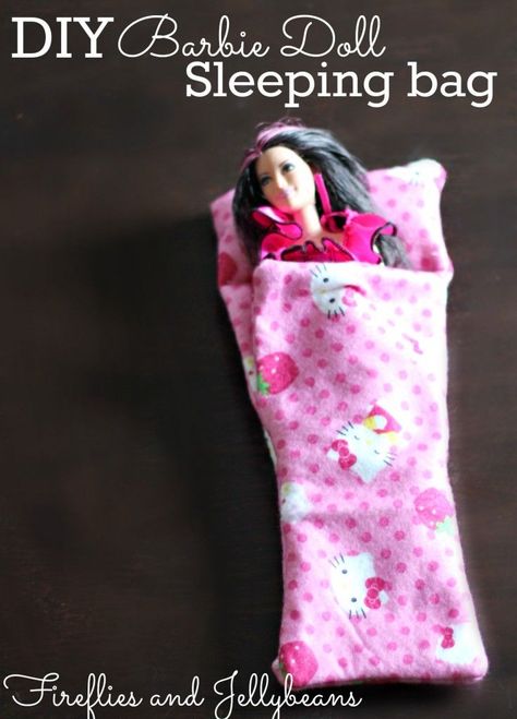 Hello, I am Fawnda and I blog over at Fireflies and Jellybeans! I am so excited to be here today sharing an easy sewing project with you! Here is a great add-on to a girls gift!  Get her a barbie-doll and add a sleeping bag or two to complete the gift! This is a great beginning sewing project, so you can do this! .  It also would be a great... Barbie Sleeping Bag, Doll Sleeping Bag Tutorial, Barbie Sleeping, Baby Shoes Diy Pattern, Halloween Appetizers Easy, Doll Sleeping Bag, Halloween Party Appetizers, Accessoires Barbie