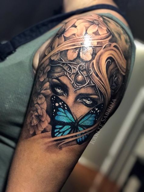 Lace Butterfly Tattoo, Butterfly Sleeve Tattoo, Blue Butterfly Tattoo, Arm Sleeve Tattoos For Women, Catrina Tattoo, Flower Tattoo Shoulder, Upper Arm Tattoos, Blue Tattoo, Inspiration Tattoos