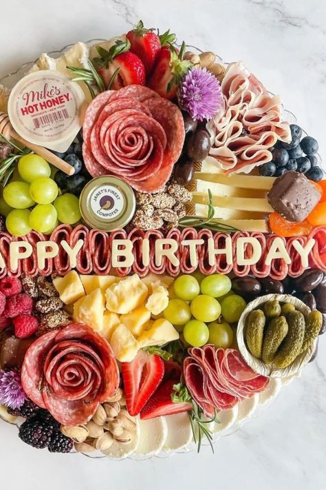 🧀✨ Discover the ultimate guide to charcuterie boards for your upcoming birthday bash! We've got unique and delightful ideas that will make your celebration unforgettable. From creative presentation to the most mouth-watering selections, let's get inspired and create a feast that everyone will be talking about! 🎉 Birthday Themed Charcuterie Board, 60th Charcuterie Board, First Communion Charcuterie Board, Space Themed Charcuterie Board, Candy Charcuterie Board Birthday, Happy Birthday Charcuterie Board, Birthday Charcuterie Board Ideas, Charcuterie Cake, Birthday Charcuterie Board