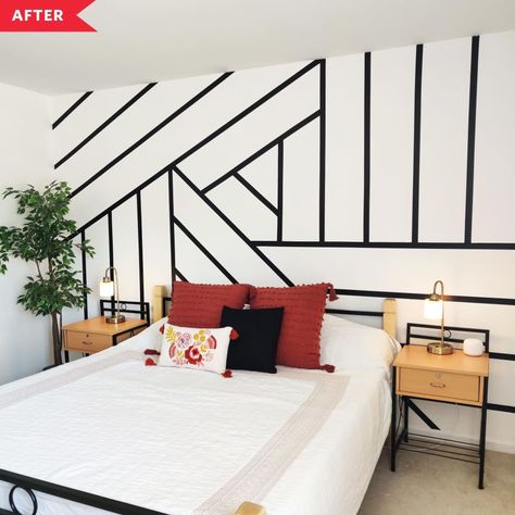 Credit: <a href="https://www.amu-cherian.com/blogs/room-makeover/geometric-mural-for-under-20-renter-friendly">Ammu Cherian</a> Diy Renter Friendly, Accent Wall Bedroom Paint, Geometric Mural, Board And Batten Accent Wall, Batten Accent Wall, Geometric Wall Mural, Creative Beds, Off White Walls, Perfect Living Room