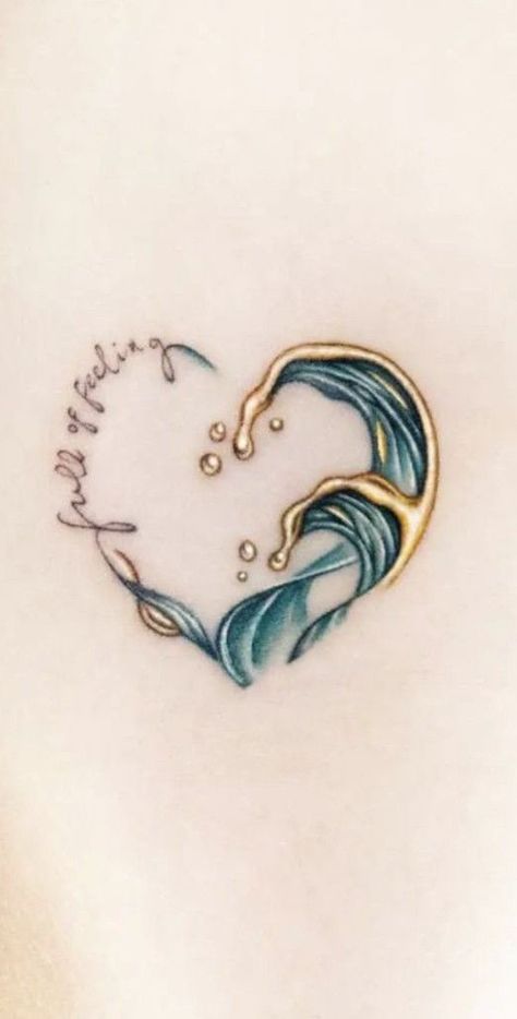 Beach Heart Tattoo, Feminine Ocean Tattoos, Beach Tatoos Woman, Matching Wave Tattoos, Mermaid Tale Tattoo, Ocean Heart Tattoo, Tattoos Beachy, Sea Life Tattoos For Women, Ocean Scene Tattoo