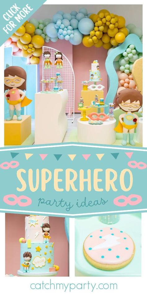 Check out this cool superhero birthday party! The cake is spectacular! See more party ideas and share yours at CatchMyParty.com Princess And Superhero Party, Super Hero Girls Birthday Party, Superhero Girl Birthday Party, Girly Superhero Birthday Party, Superhero Girls Birthday, 5th Birthday Girls, Birthday Superhero, Super Hero Party, Super Hero Birthday