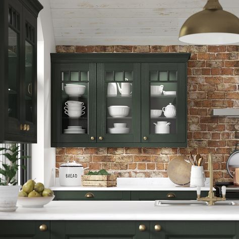 Bottle Green Kitchen, Heritage Green Kitchen, Wickes Chester Forest Green Kitchen, Gloss Green Kitchen, Green Crockery Unit, Howdens Chelford Reed Green, Brass Kitchen Accessories, Crockery Unit Design Dining Rooms, Symphony Kitchen