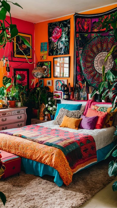 Colorful, bohemian-style bedroom filled with plants, vibrant tapestries, and eclectic decor. Hippie Bedroom Decor Bohemian Style, Hippie Bedroom Ideas, Eclectic Boho Bedroom, Bedroom Decor Inspirations, Hippy Bedroom, Boho Bedroom Decor Ideas, Hippie Bedroom Decor, Cozy Boho Bedroom, Boho Bedrooms