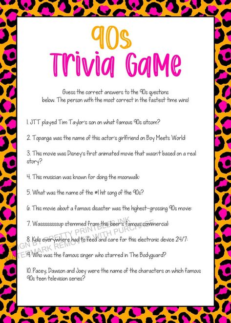 90s Trivia Game Printable, Girls Night in Game, 90s Party Game | by Pretty Printables Ink on Etsy. This printable 90s trivia game is the perfect activity for a girls night in, adult birthday party or 90s party! Instant download - print as many as you need #90strivia #90sparty #90spartygame #girlsnightgames #adultbirthdaygames #bachelorettepartygame #bridalshowergame 90s Quiz, 90s Trivia, Adult Birthday Party Games, Girls Night Games, Fashion Quiz, Birthday Games For Adults, Pretty Printables, Quiz Questions, Bachelorette Games