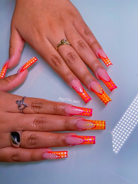 Orange Dot Nails, Orange 90s Nails, Purple And Orange Nails Acrylic, Orange Crocodile Nails, Yellow Croc Nails, Orange Croc Nails, Dot French Nails, Neon Orange And Pink Nails, Orange Pink Nails