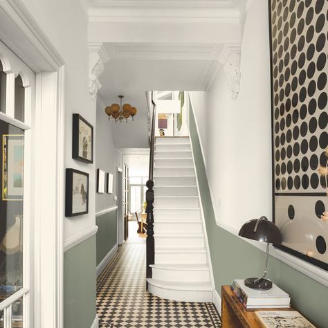 Edwardian Hallway, Stairs And Hallway Ideas, Off White Paint, White Hallway, Hallway Paint, Victorian Hallway, Hallway Colours, Green Hallway, Hallway Inspiration