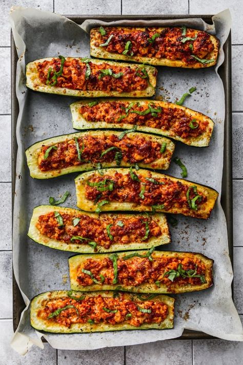 Vegetarian Stuffed Zucchini Boats | Walder Wellness, RD Vegan Zucchini Boats, Vegetarian Zucchini Boats, Walder Wellness, Vegan Zucchini Recipes, Tofu Recipes Healthy, Zucchini Boat Recipes, Zucchini Recipes Healthy, Zucchini Recipe, Stuffed Zucchini