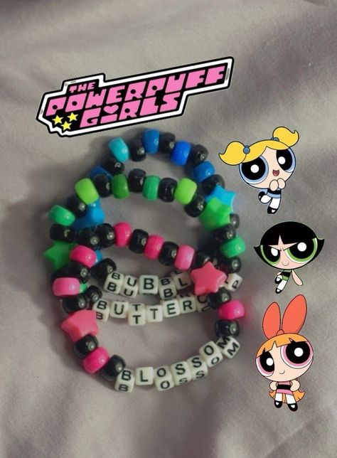 Powerpuff Girls Bracelet, Bracelets Business, Power Puff Girl, Rave Bracelets, Girls Bracelets, Power Puff Girls, Diy Kandi Bracelets, Kandi Kid, Pearl Bracelet Wedding