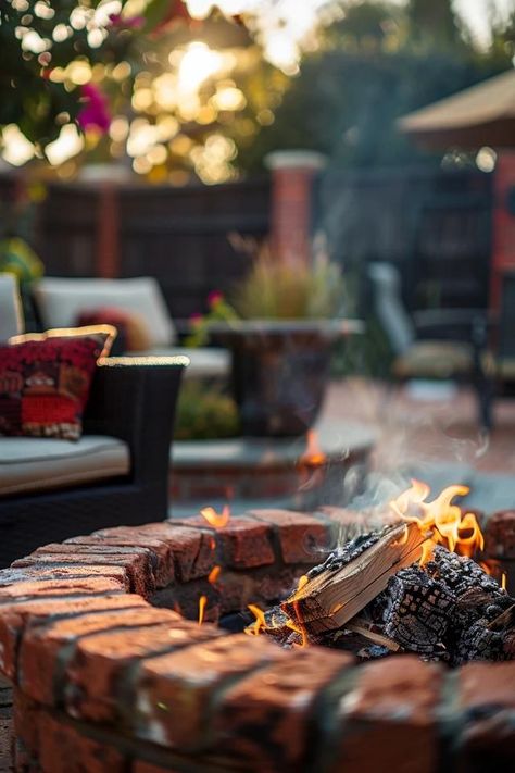 Warm &amp; Inviting Red Brick Fire Pit Designs Red Brick Fire Pit, Brick Fire Pit Ideas, Outdoor Gathering Area, Comfortable Outdoor Chairs, Small Urban Garden, Small Fire Pit, Brick Fire Pit, Fire Pit Ideas, Backyard Balcony