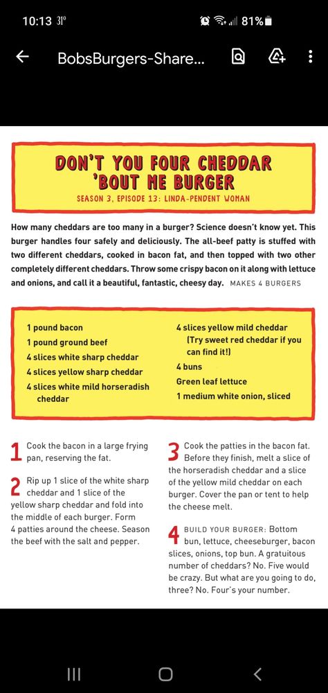 Bobs Burgers Cookbook, Bob's Burgers Recipes, Bobs Burgers Burger Recipes, Bobs Burgers Recipes, Bob Burgers, Bbq Smoker Recipes, Burgers Recipes, Pizza Sandwich Recipe, Burger Specials