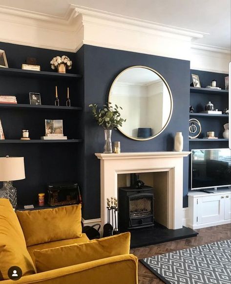 Victorian Living Room Ideas Alcove Ideas Living Room, Navy Living Rooms, Victorian Living Room, Dark Living Rooms, Blue Living Room Decor, Cosy Living Room, Dark Walls, Blue Living Room, Living Room Colors