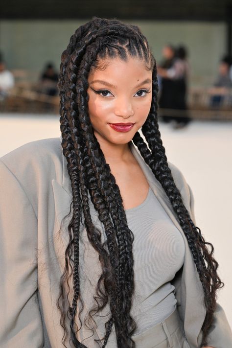 Halle Bailey in jumbo boho boxed braids. Photo via Getty Images | boxed braids, bohemian braids, senegalese twists, large braids, protective styles, natural hair Halle Bailey Braids, Jumbo Braids Over Locs, Box Braid Over Locs, Microlocs Styles, Color Locs, Loc Goals, Locs Journey, Dope Style, Loc Hairstyles