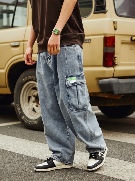 Light Wash    Denim Letter Cargo Pants Embellished Slight Stretch  Men Denim Denim Men Fashion, Kargo Styles Man, Jean Cargo Pants Outfit Men, Jean Pants Outfits Men, How To Style Cargo Pants Men, Denim Cargo Pants Outfit Men, Cargo Jeans Outfit Men, Cargos Outfits Men, Baggy Cargos Men