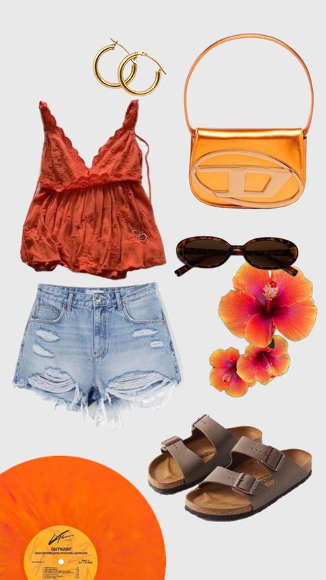 denim shorts, orange top, summer shirt, beachy look, summery outfit Bohemian Jean Shorts For Beach In Summer, Beach Festival Beachy Shorts, Beachy Jean Shorts, Orange Summer Beach Shorts, Bohemian High-waisted Shorts For Beach Season, Beachy Boho Outfits, Beachy Boho, Orange Top, Cute Summer Outfits