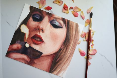 Watercolor portrait of Taylor Swift Taylor Swift Midnight Painting, Painting Of Taylor Swift, Midnights Taylor Swift Painting, Taylor Swift Watercolor Paintings, Taylor Swift Portrait Drawing, Watercolor Taylor Swift, Taylor Swift Watercolor, Taylor Swift Painting Ideas, Taylor Swift Painting