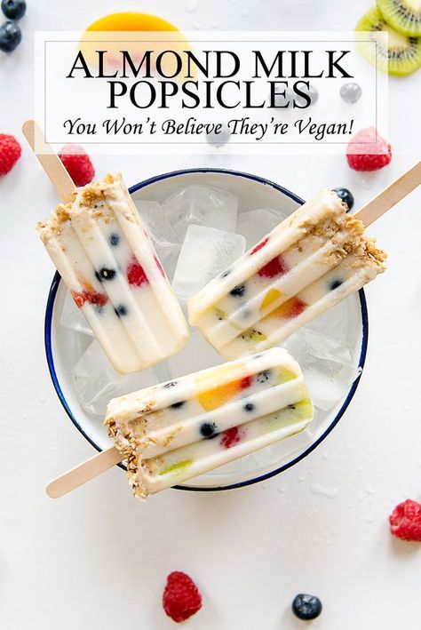 Almond milk #popsicles with fruit #recipe  #vegan #popsicles #almondmilk #recipeoftheday Almond Milk Popsicles, Fun Popsicles, Fruit Desserts Healthy, Milk Popsicles, Vegan Popsicles, Milk Fruit, Surviving Summer, Popsicles Recipe, Healthy Fruit Desserts