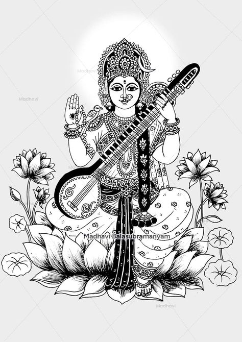 Lord Saraswati, Black Pen Drawing, Round Painting, Pattern Design Drawing, Mural Paintings, 3d Photography, Kerala Mural Painting, Black Paper Drawing, Pen Drawings