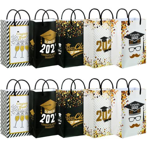 PRICES MAY VARY. Title: Sabary 10 Pieces Paper Graduation Bags Black Gold Print Favor Bags 5 Styles Graduation Wrapping Bags for Class of 2022 High School College Graduation Party Supplies, 8.3 x 5.5 x 3.15 Inch. Product Type: Products > Stationery & Gift Wrapping Supplies > Gift Wrapping Supplies > Gift Bags Graduation Gift Bags Ideas High Schools, High School Graduation Goodie Bag Ideas, Graduation Swag Bag Ideas, Graduation Gift Bag Ideas, Graduation Souvenirs Ideas, Black Pre-shrunk T-shirt For Graduation Gift, Graduation Souvenirs, College Graduation Party, College Supplies