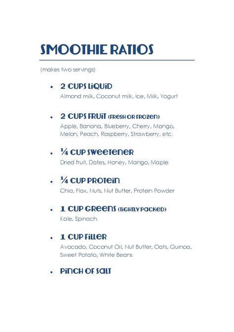 Basic Smoothie Ratios (master recipe for foolproof smoothies--I keep this taped inside my kitchen cupboard) Smoothie King Smoothies Recipes, Basic Smoothie Guide, Smoothie Ratio Chart, Smoothie Ratio, Smoothie Ingredient List, Basic Smoothie, Smoothie King Recipes, Smoothie Basics, Smoothie Menu