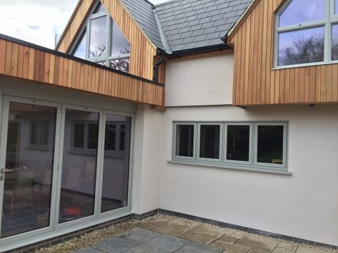 Agate Grey Bifold Doors, Agate Grey Windows With Render, French Grey Windows, Pebble Grey Windows, Green Windows Exterior, Grey Windows Exterior, Light Grey Windows, Origin Windows, House With Grey Windows