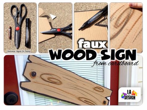 .:.Faux Wood Sign Tutorial.:. #LASignDesign #DIY #howto #halloween #fall #pumpkinpatch #hauntedhouse #upcycle  1. Materials: Cardboard, Black/Brown Oil Pastels, Black Marker, Scissors 2. Trim to size, cut notches, & outline in black marker.  3. Lightly scribble lines (grain) & swirls (knots) with the oil pastels, then smear with your finger.  4. Complete with drawn-on nail or screw heads, lettering, or just leave plain.  Quick & easy decor for your pumpkin patch or a spook-tacular haunted h Jungle Thema, Camping Theme Classroom, Wild West Party, Western Theme Party, Food Photoshoot, Anniversaire Harry Potter, Wilde Westen, Adornos Halloween, Western Parties