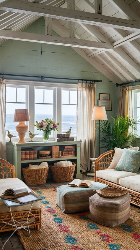 Cozy Coastal: 30 Cottage Living Room Ideas — Coastal Cottage by Celeste Modern Seaside Interior, Sea Side House Interior, Old Beach House Interior, Small Lake Cottage Interiors Living Room, Cozy Lake House Interior, Coastal Eclectic Living Room, Modern Beach Apartment Interior Design, Coastal Grandma Apartment, Vintage Coastal Living Room