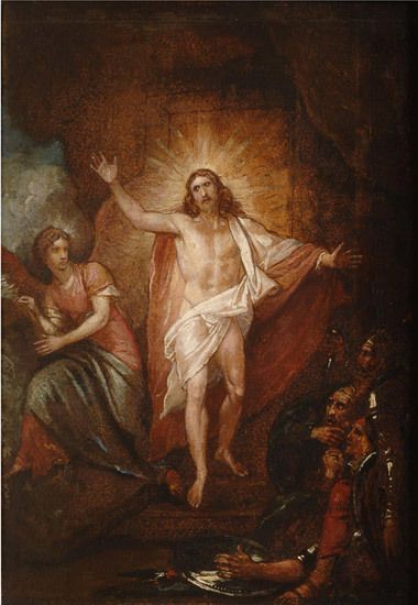 The Resurrection. c1808. Oil on paper on panel. 15 3/4 x 12 1/16 ins (40 x 30.6 cms). Philadelphia Museum of Art, Philadelphia. Benjamin West, West Philadelphia, Catholic Pictures, Pictures Of Christ, Bible Images, Philadelphia Museums, Bible Pictures, Church Graphic Design, The Resurrection