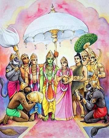 The time period of the exile was now over, and it was time to return to Ayodhya. Rama, Lakshman, Sita, Sugriva, Hanuman, and several others boarded Ravana’s wonderful flower airplane that had been stolen from the demigods, and flew back to Ayodhya. साईं बाबा, God Venkateswara Images Hd Wallpaper, Ram Sita, Hanuman Ji Wallpapers, Rama Image, Lord Rama Images, Shri Hanuman, Hanuman Images, Hanuman Wallpaper