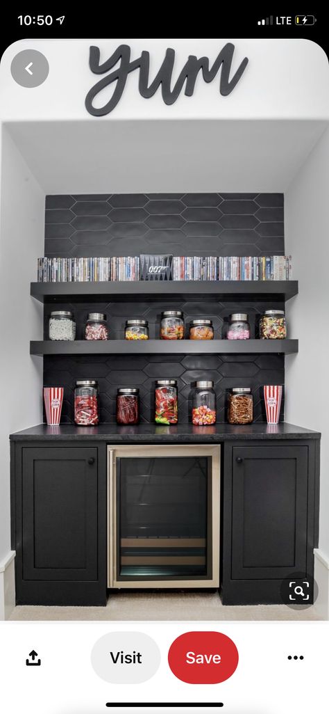 Home Movie Theater Popcorn Bar, Media Room Beverage Center, Basement Popcorn Bar, Theater Room Snack Bar Ideas, Movie Hangout Room, Media Room Concession Ideas, Movie Room Concession Stand Ideas, Media Room Snack Bar, Theater Snack Bar