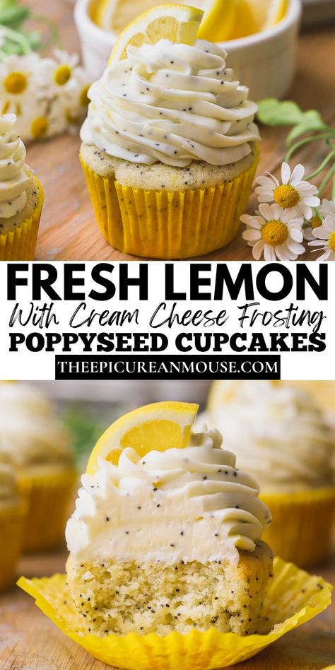 These lemon poppyseed cupcakes are soft, tender and full of delicious lemon flavor with lots of poppyseeds. The moist lemon cupcakes are flavored with both fresh lemon zest and lemon juice. Each cupcake has a swirl of homemade tangy cream cheese frosting on top. Lemon Poppyseed Cupcakes, Poppyseed Cupcakes, Poppy Seed Cupcakes, Lemon Poppy Seed Cupcakes, Lemon Cupcake Recipe, Lemon Treats, Lemon Cream Cheese Frosting, Easter Desserts Recipes, Lemon Poppy Seed