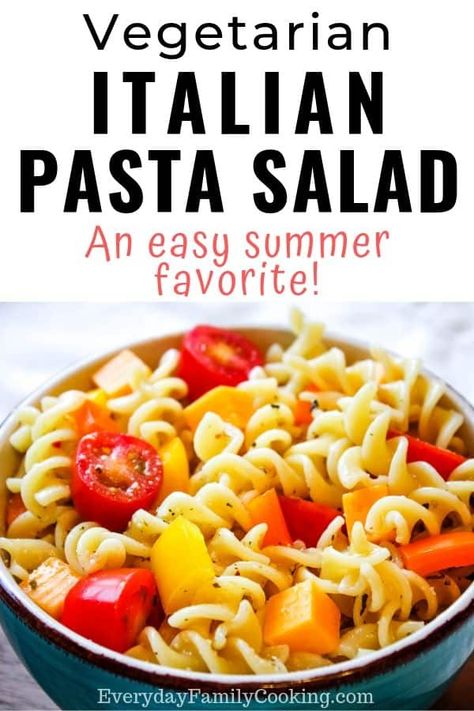 Simple pasta salad with Italian dressing made with rotini pasta. This easy homemade summer recipe is filled with veggies and cheese. It contains absolutely no meat and is perfect for BBQs and light weeknight dinners. #summerdinner #pastasaladrecipes #vegetariandishes #potluckrecipe Salad With No Meat, Simple Italian Pasta, Pasta Salad With Italian Dressing, Simple Pasta Salad, Easy Summer Dishes, Veggie Pasta Salad, Italian Pasta Salad, Spiral Pasta, Pasta Salad Dressing