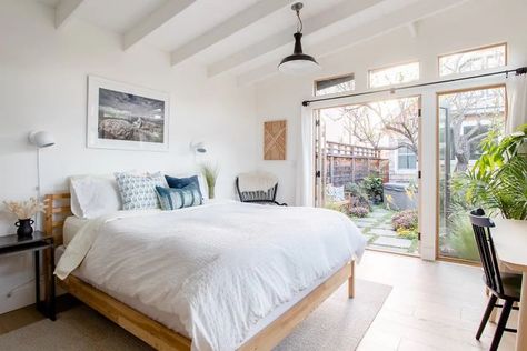 Couple Converted Their 280 Sqft Garage In To Stunning Airbnb Guest House . French Door Bedroom, Garage Conversion Ideas, Modern Guest House, Tiny House Vacation, Tiny Living Space, Door Bedroom, Sunny Garden, Tiny House Talk, Diy Tiny House