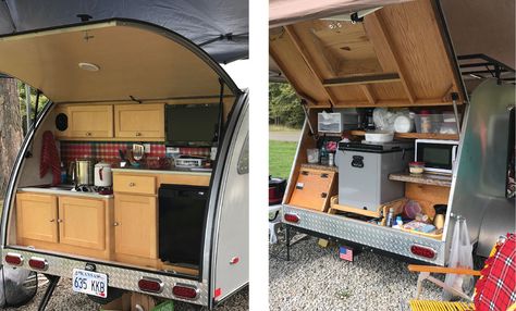 Anatomy of a Teardrop: The Teardrop Galley Teardrop Galley Ideas, Teardrop Trailer Kitchen, Teardrop Trailer Camping, Diy Teardrop Trailer, Kitchen Galley, Sarah Tucker, Fridge Cooler, Trailer Camping, Galley Kitchens