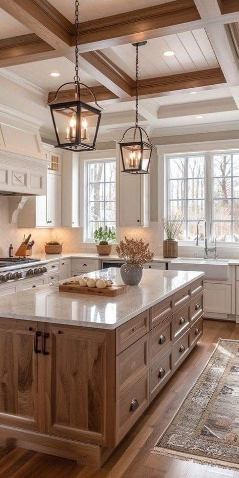 Kitchen Light Over Round Table, Vaulted Ceilings In Kitchen, Classic Kitchen Colors, Ranch Open Floor Plan Remodel, Warm Color Kitchen, Organic Natural Kitchen, Cool House Features Ideas, Modern Coastal Kitchen Design, White Kitchen Wood Island