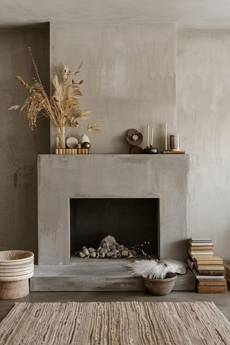 40 Modern Mantel Decor Ideas To Elevate Your Fireplace with Style Modern Country Fireplace, Modern Mantel Decor, Walnut Mantle, Fireplace Upgrade, Modern Mantle Decor, Statement Fireplace, Walnut House, Modern Mantle, Plaster Fireplace