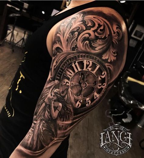 NIGHTMARE?- DONT KNOW HIM!- BUT LOVE THE ART WORK!- NOTHING BUT TIME!- GOODNIGHT!- CRAZY! Joshua Tattoo, Clock Tattoo Sleeve, Filigree Tattoo, G Tattoo, Clock Tattoo Design, Kunst Tattoos, Watch Tattoos, Tattoo Artwork, Clock Tattoo