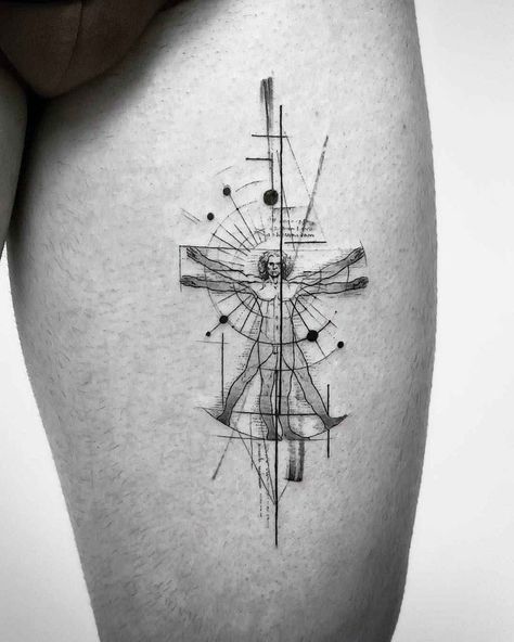 Vitruvian Tattoo, Tattoo For Artist, Linework Tattoo Men, Linework Tattoo Sleeve, Graphic Tattoo Geometric, Brazil Tattoo Ideas, Diagram Tattoo, Science Tattoo Ideas, Abstract Geometric Tattoo